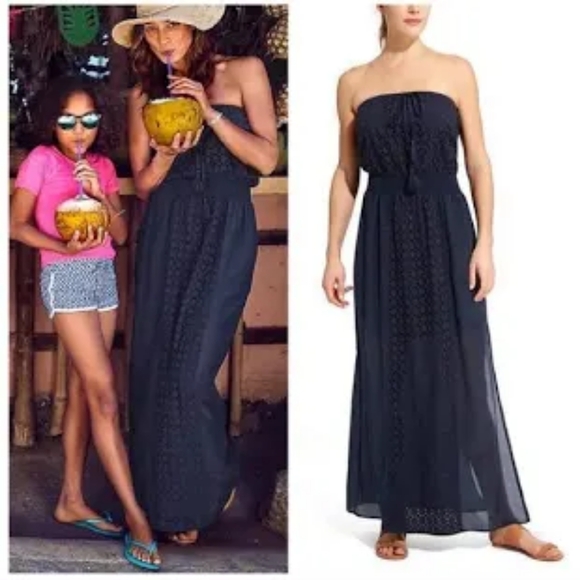 Athleta Dresses & Skirts - Athleta Molokai Strapless Maxi Eyelet Silk-Blend in Navy Blue Dress in Small